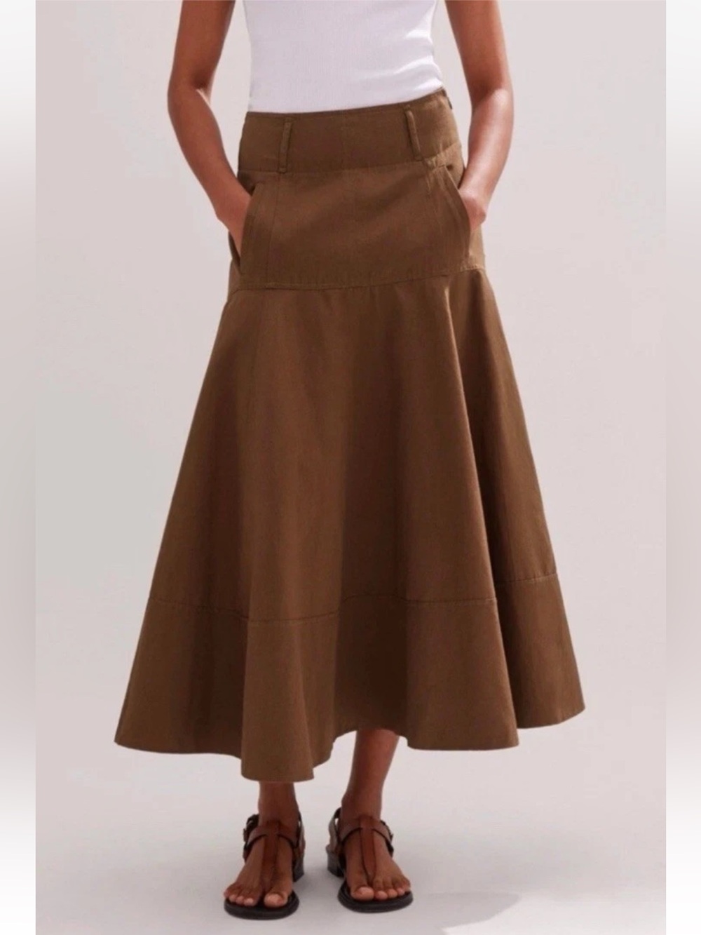 ME+EM Linen Cotton Blend A-Line Midi Skirt Sz 4 Brown